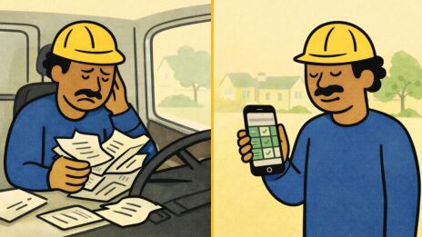 Operario Gestionando Partes De Trabajo En Papel Dentro De Una Furgoneta Frente A Gestion Digital De Partes De Trabajo Desde El Movil