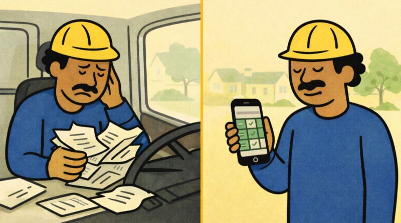 Operario Gestionando Partes De Trabajo En Papel Dentro De Una Furgoneta Frente A Gestion Digital De Partes De Trabajo Desde El Movil